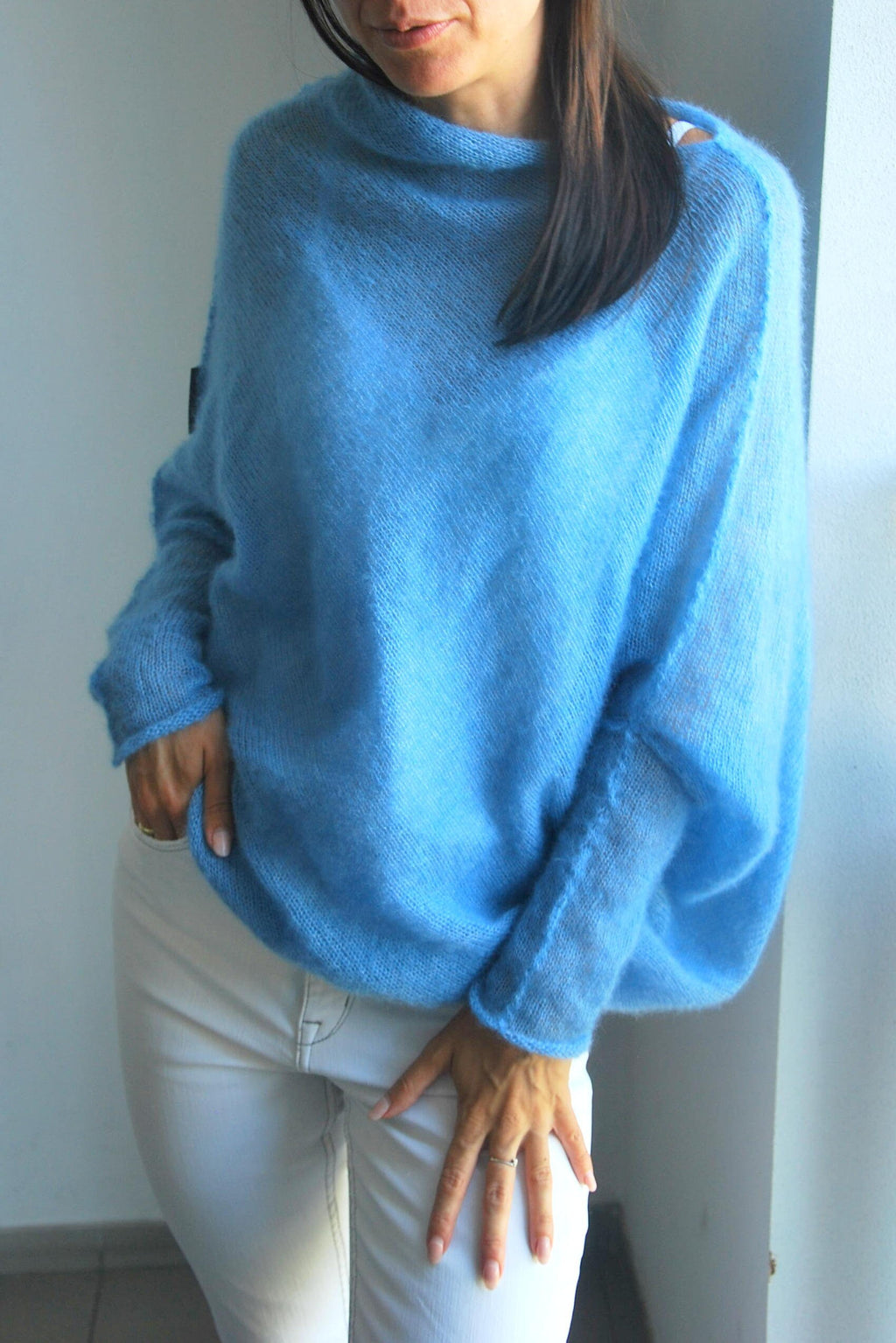 Light Blue Mohair Silk Cardigan: Soft Knit Poncho Sweater