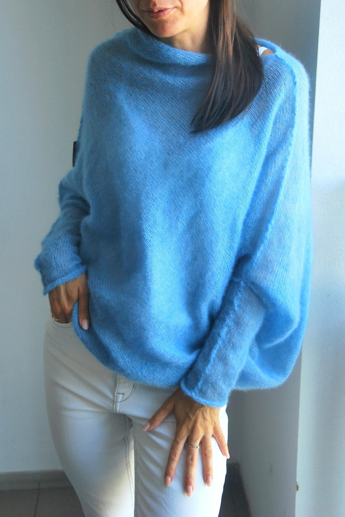 Light Blue Mohair Silk Cardigan: Soft Knit Poncho Sweater