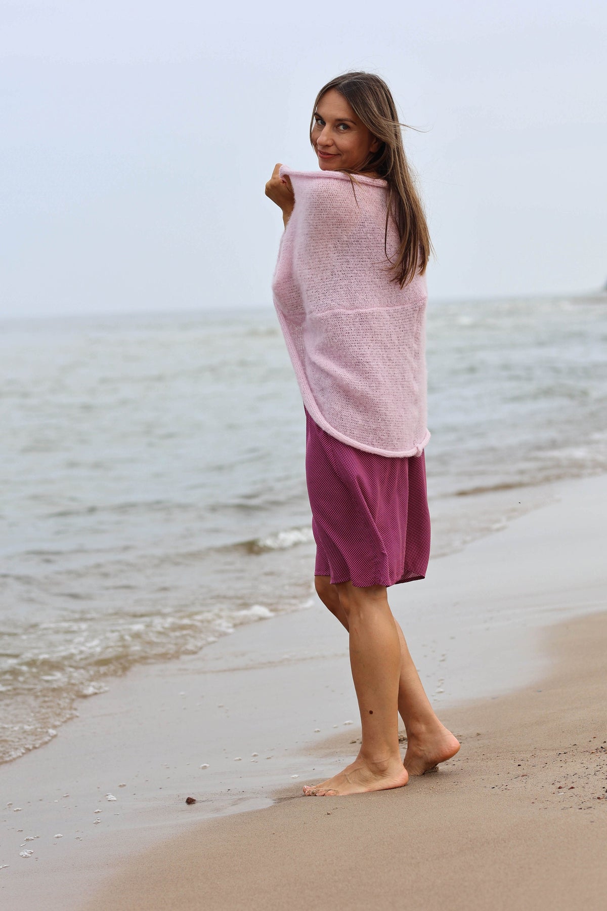 Hand Knit Alpaca Silk Cardigan: Powder Pink Oversized Sweater