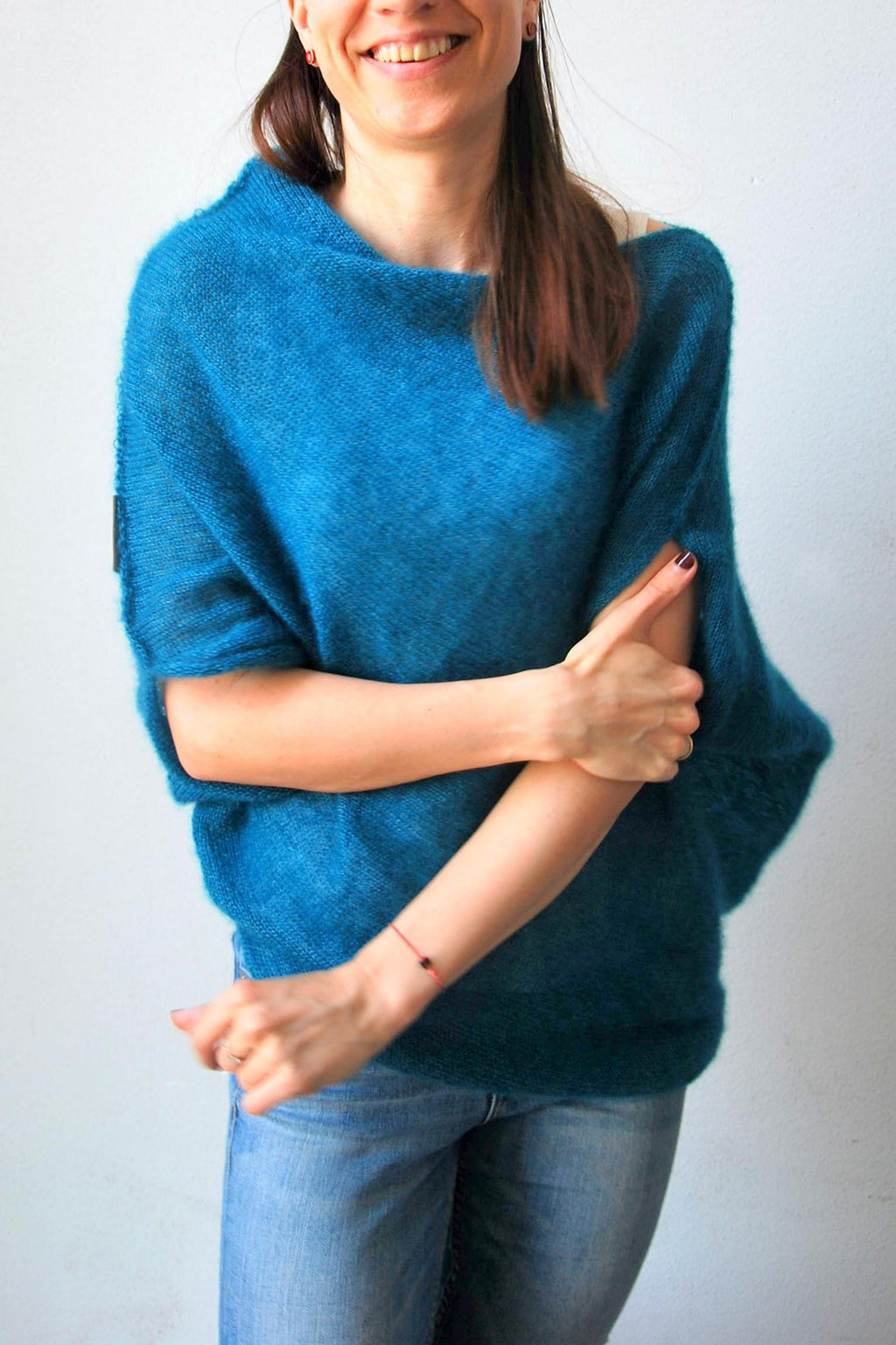 Hand Knit Mohair Cardigan: Silk Blend Green Sweater Cape