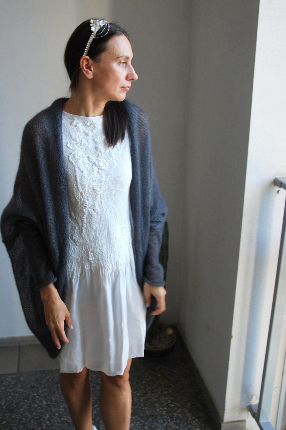 Ash Gray Mohair Silk Cardigan: Soft Bridal Sweater