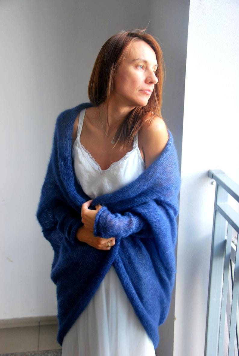 Navy Blue Mohair Silk Cardigan: Soft Bridal Wedding Cape