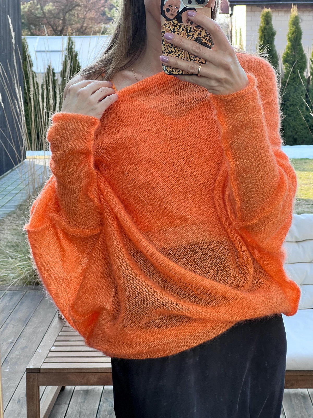 Orange Mohair Silk Sweater | Handmade Poncho Style Knit | Light and Warm