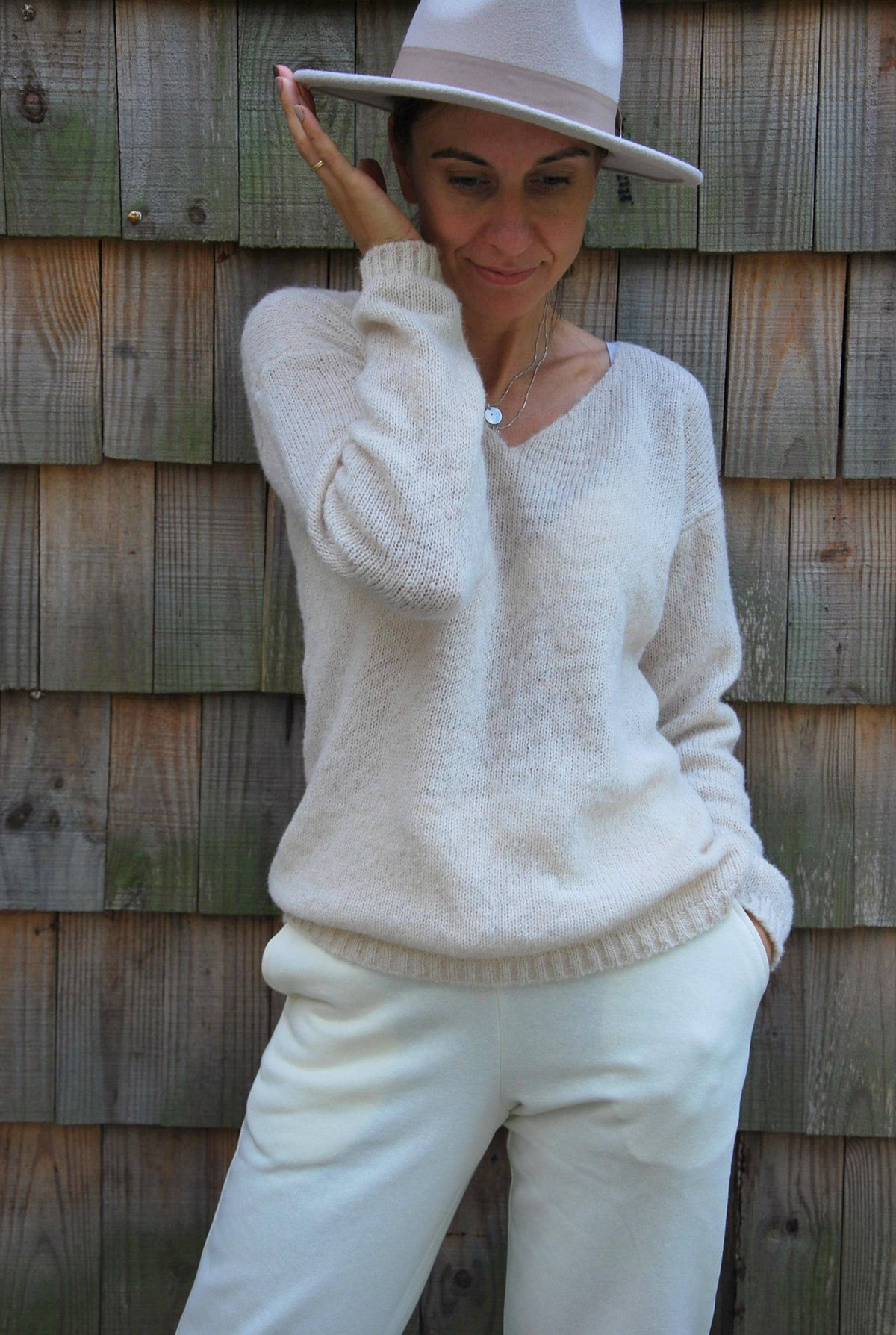 Off White Alpaca Silk Pullover: V-Neck Knit Sweater