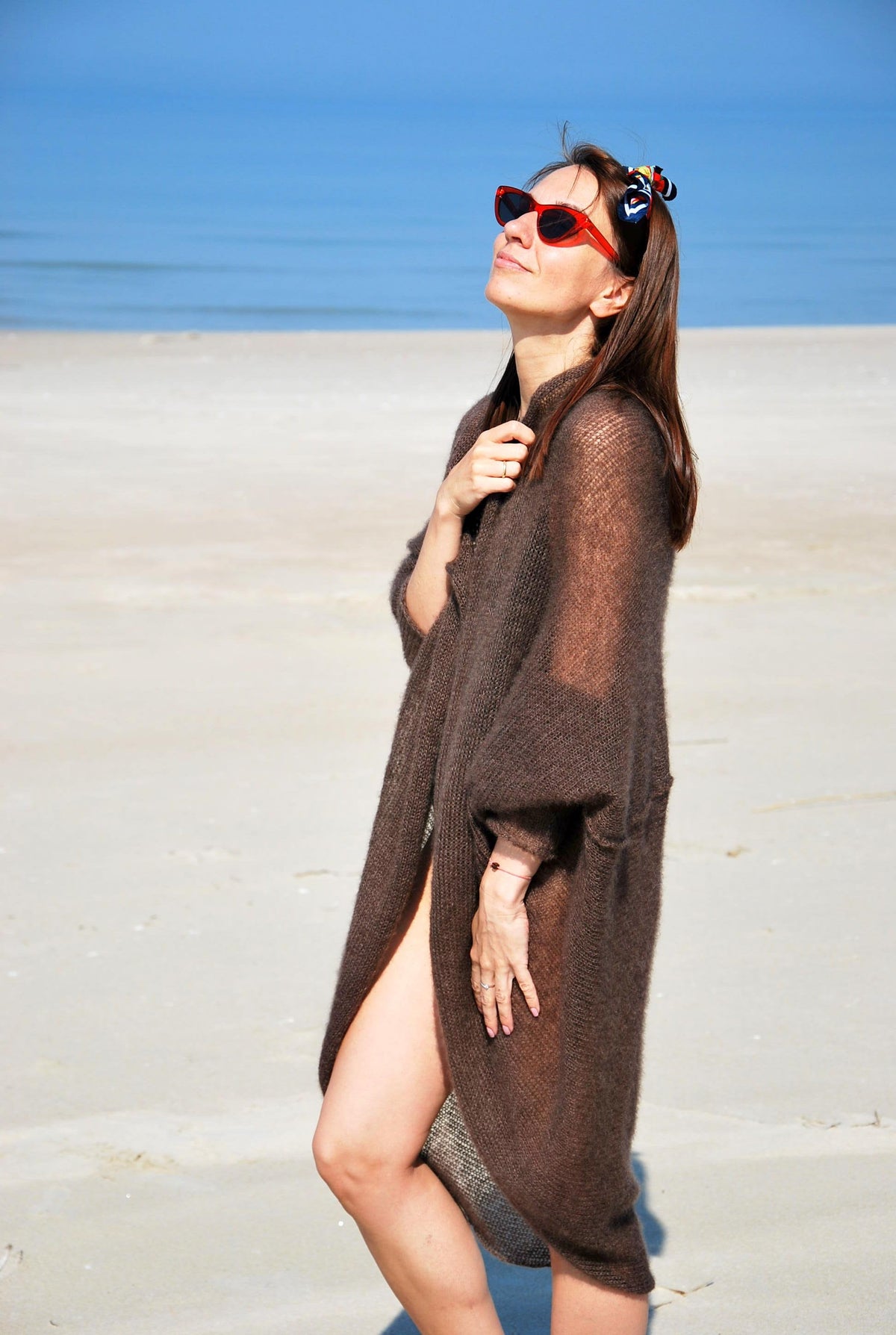 Hand Knit Mohair Cardigan: Brown Lightweight Beach Wrap