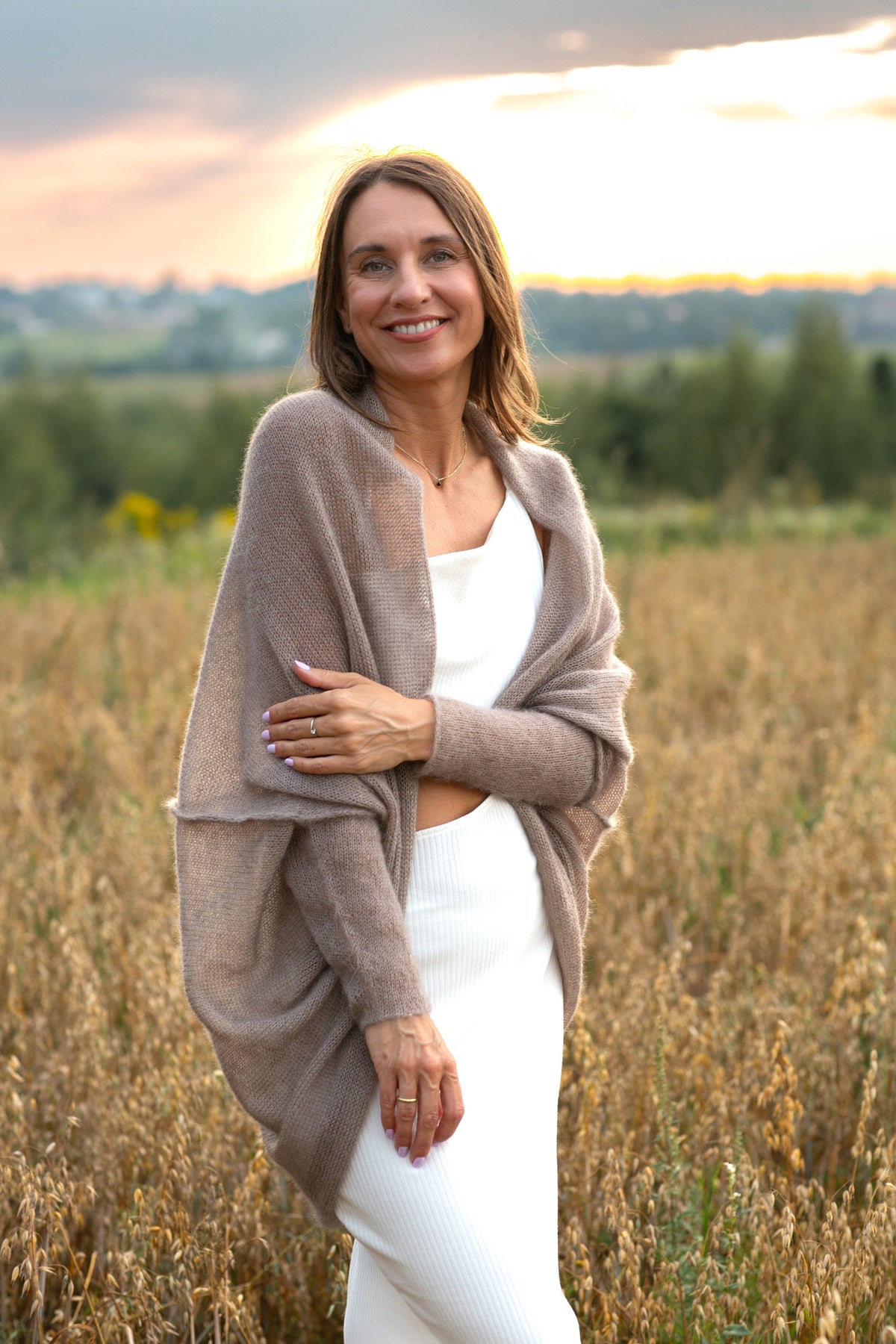 Hand Knit Mohair Bridal Cardigan: Soft Beige Wedding Sweater