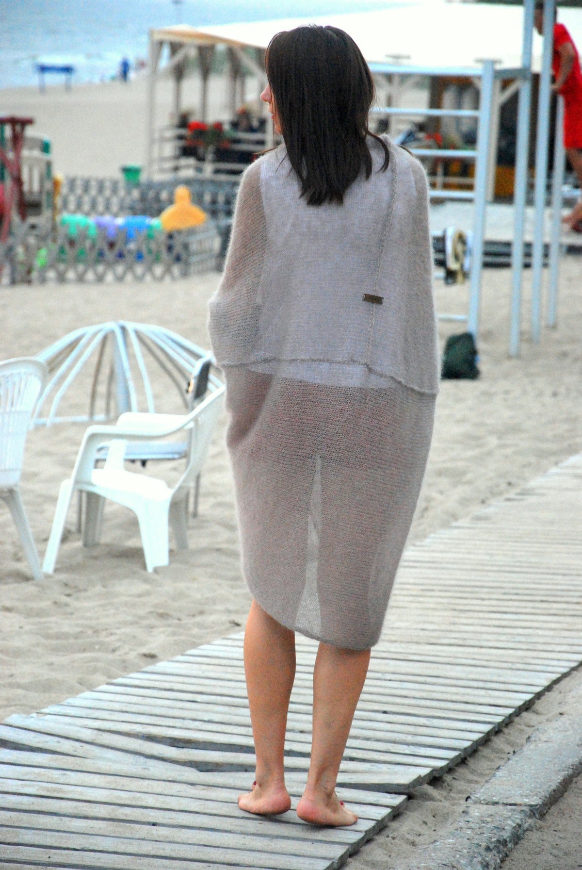 Mohair Silk Knit Cardigan: Beige Oversize Beach Wrap