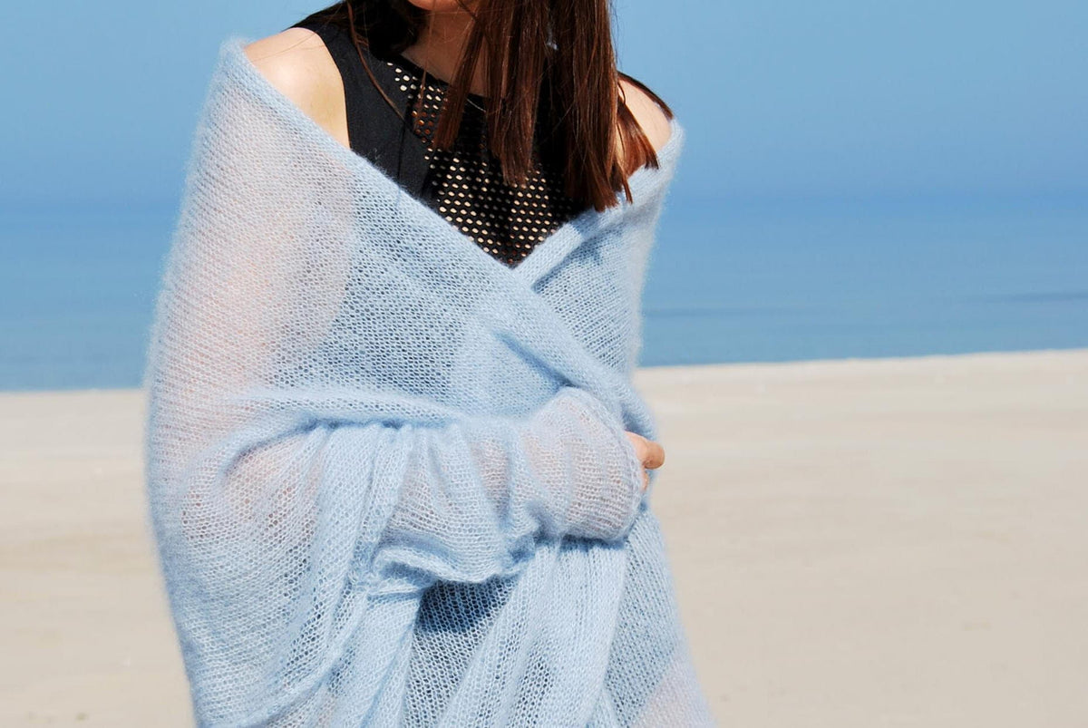 Hand Knit Mohair Cardigan: Blue Beach Sweater Wrap