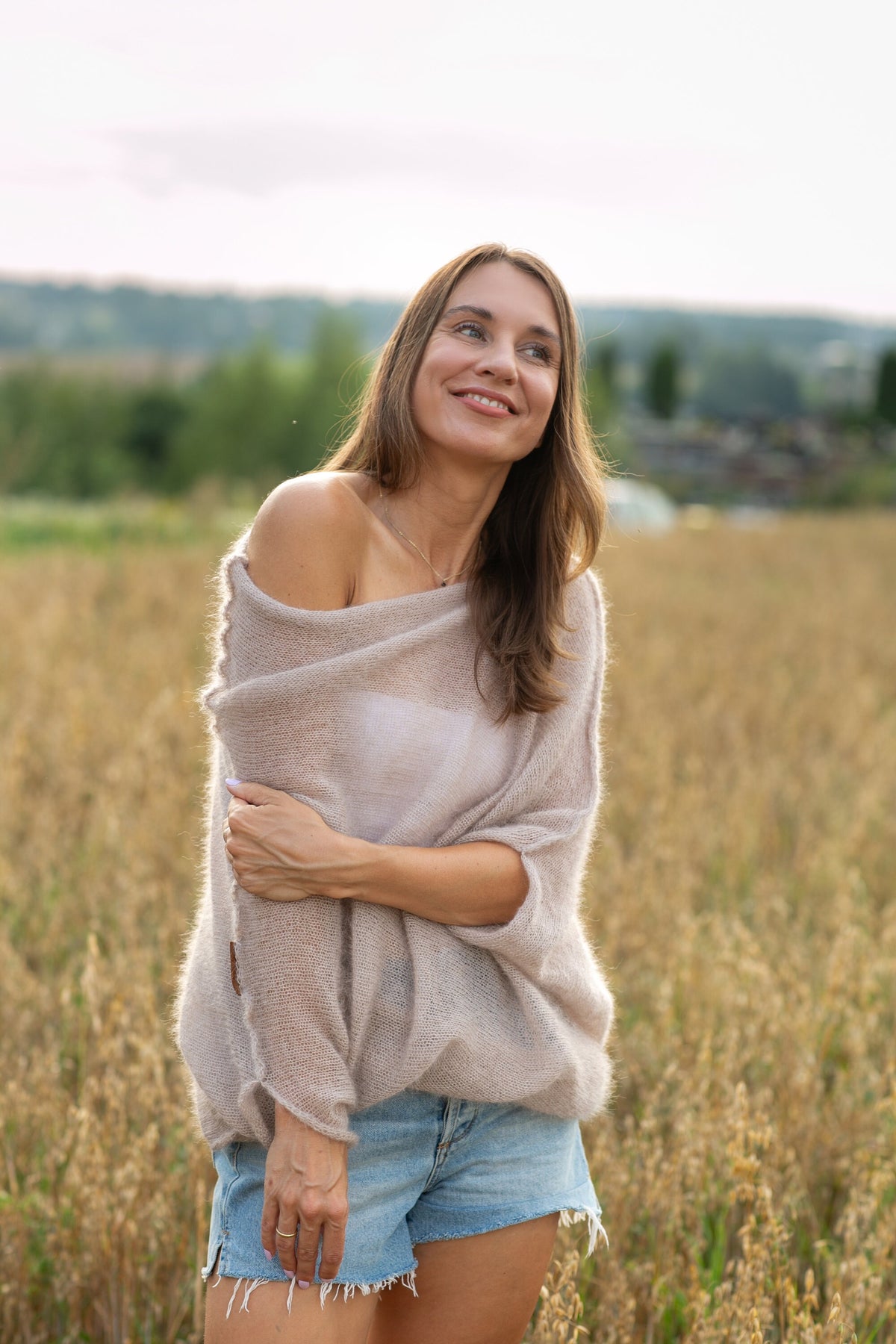 Light beige mohair silk sweater, mohair silk pullover, soft bridal sweater, knitted pullover, mohair poncho, mohair silk poncho