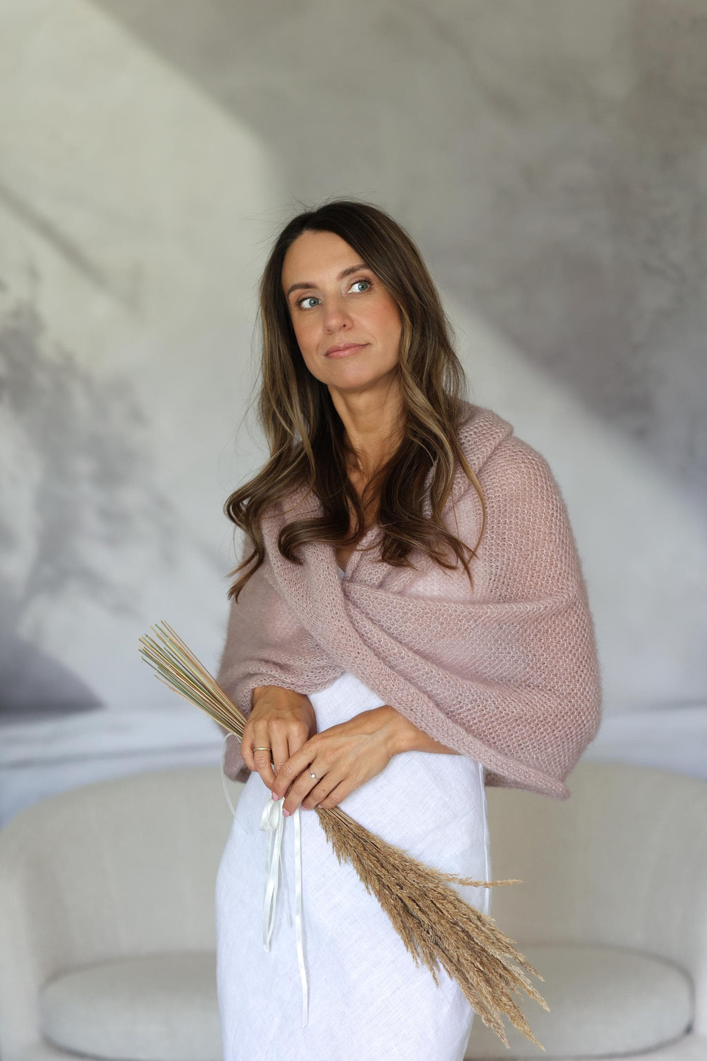 Twisted scarf knitted from mohair and silk with honeycomb pattern