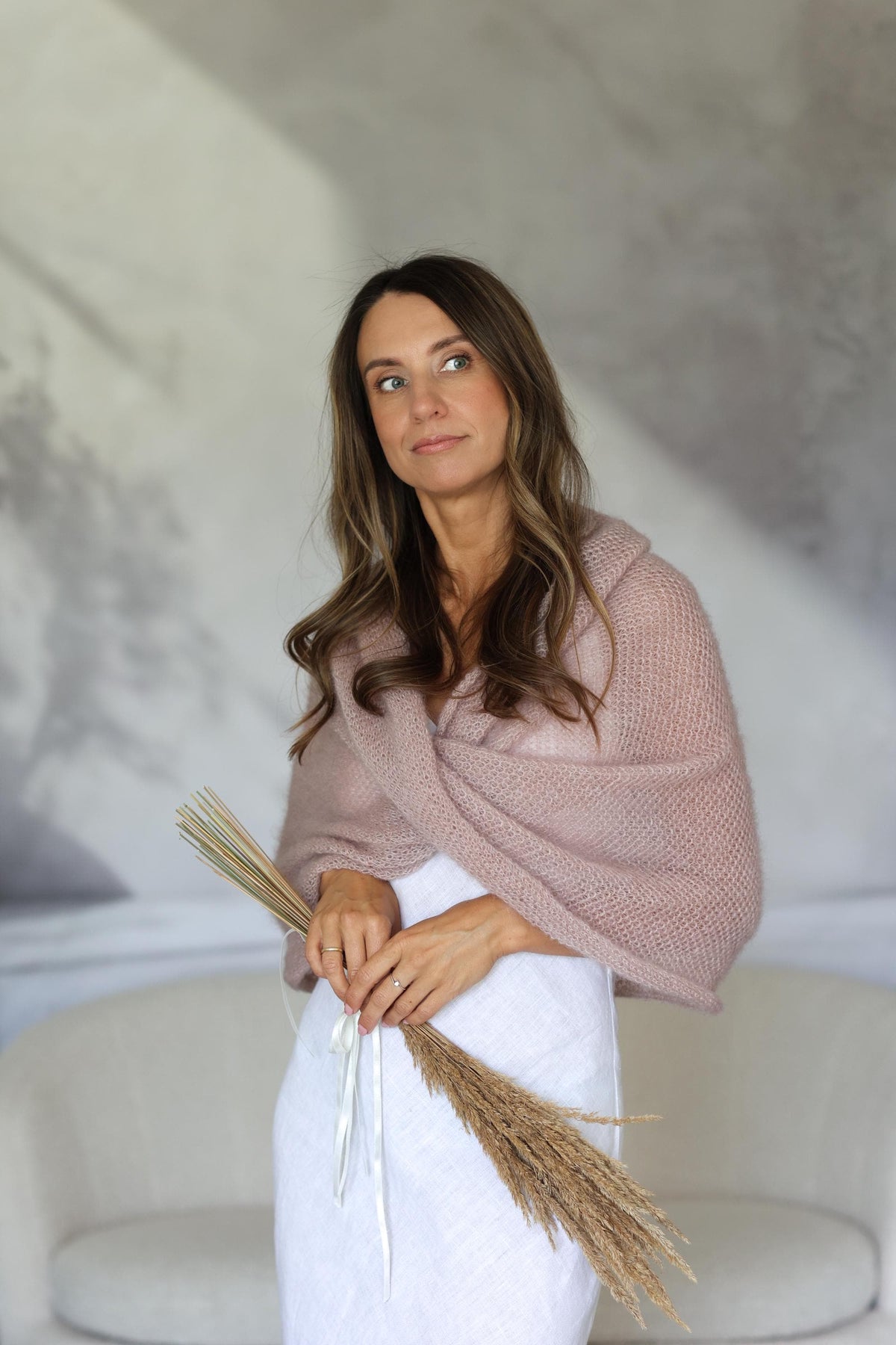 Twisted scarf knitted from mohair and silk with honeycomb pattern
