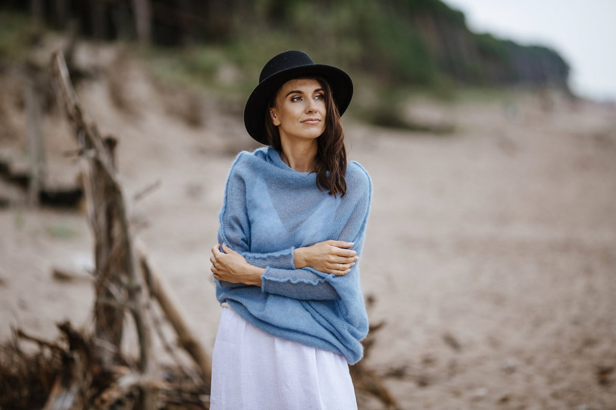 Blue Mohair Silk Cocoon Poncho: Bridal Sweater Jacket