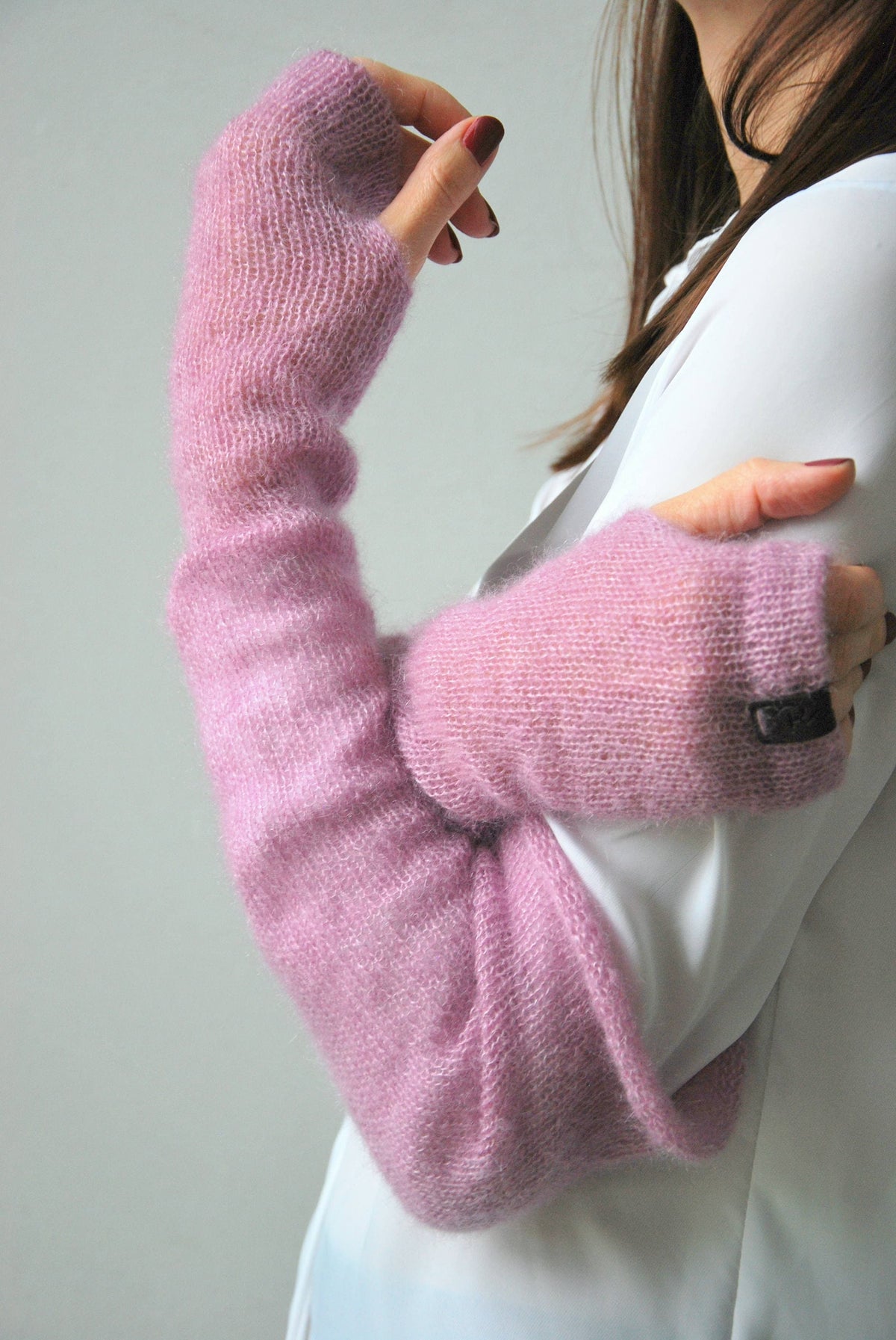 Handmade Mohair Silk Fingerless Gloves: Old Pink Knit Arm Warmers