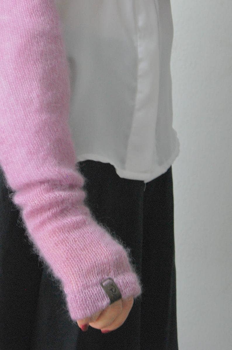 Handmade Mohair Silk Fingerless Gloves: Old Pink Knit Arm Warmers