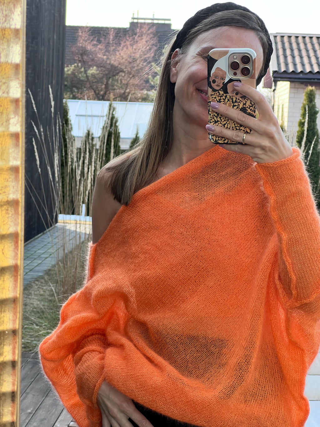 Orange Mohair Silk Sweater | Handmade Poncho Style Knit | Light and Warm