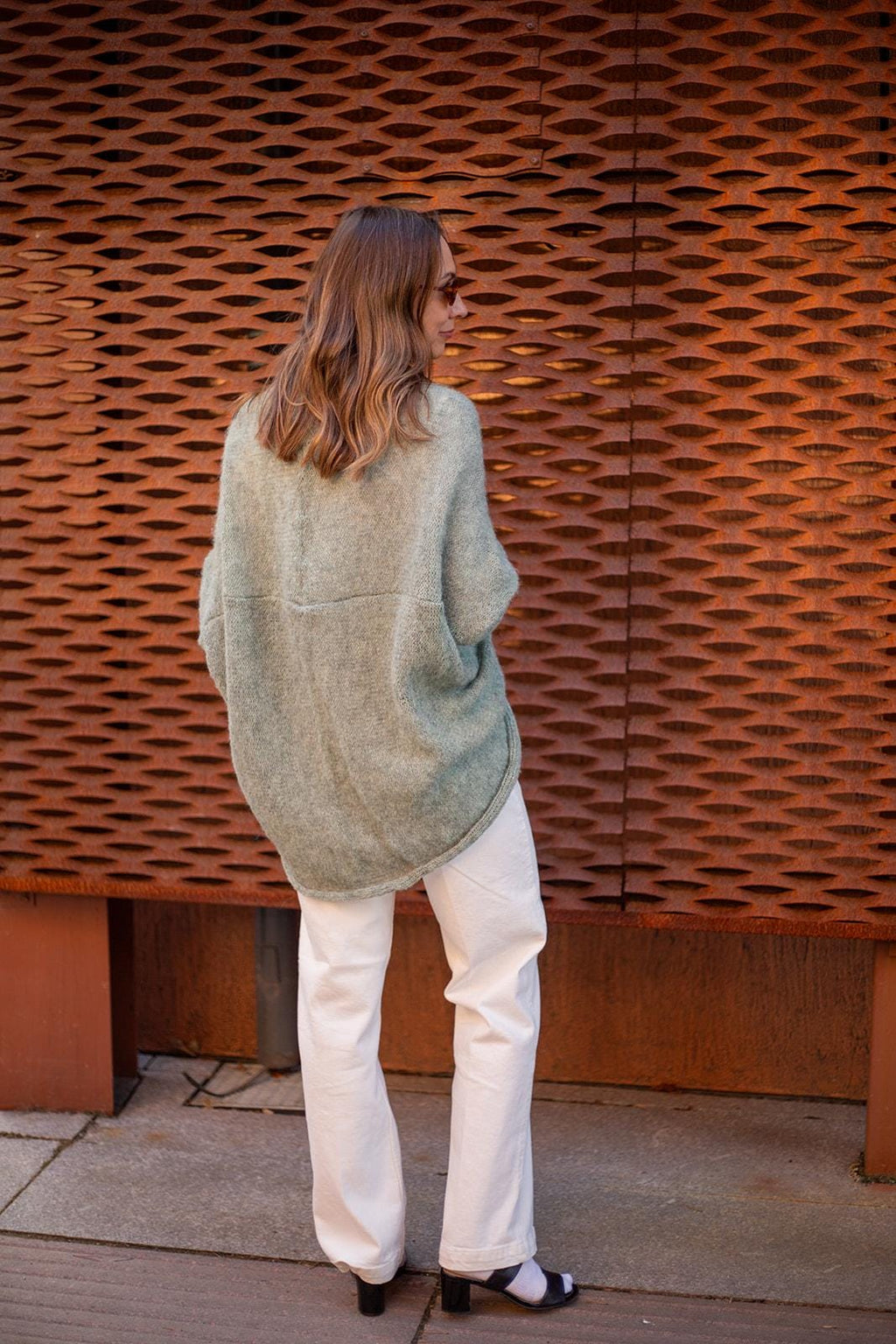 Sage green boho alpaca silk wrap cardigan, soft handmade knit sweater, cozy lightweight minimalist style