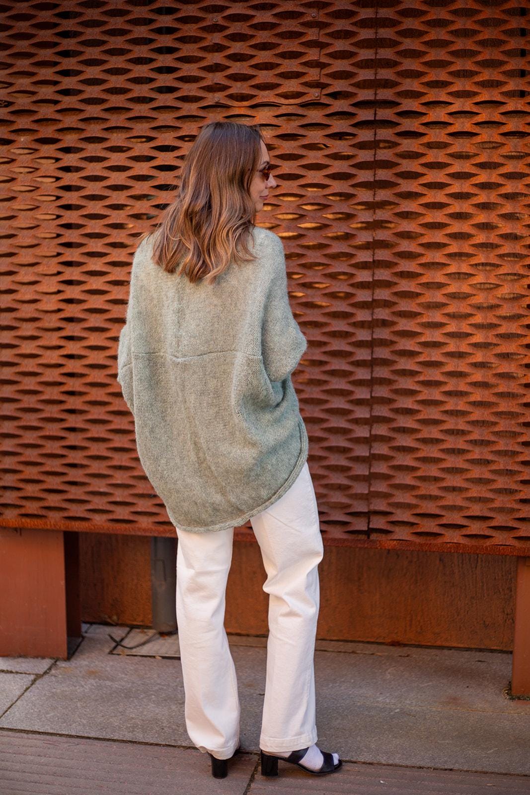 Sage green boho alpaca silk wrap cardigan, soft handmade knit sweater, cozy lightweight minimalist style