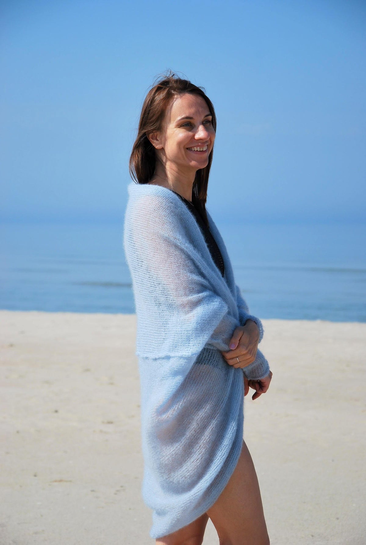Hand Knit Mohair Cardigan: Blue Beach Sweater Wrap