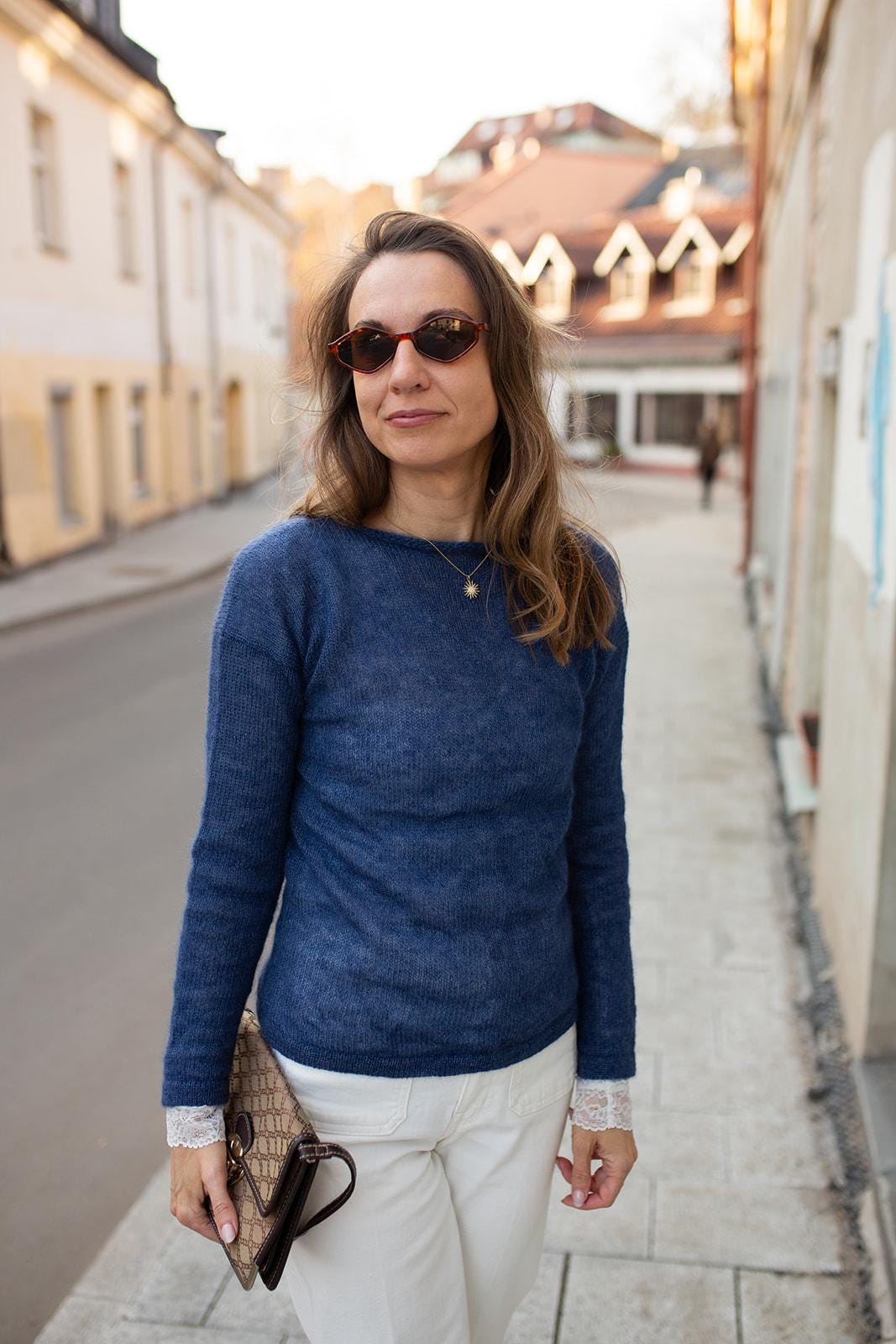 Handmade Mohair Silk Sweater for Women, Soft Blue Knit Pullover, Lightweight Luxury Mohair Jumper