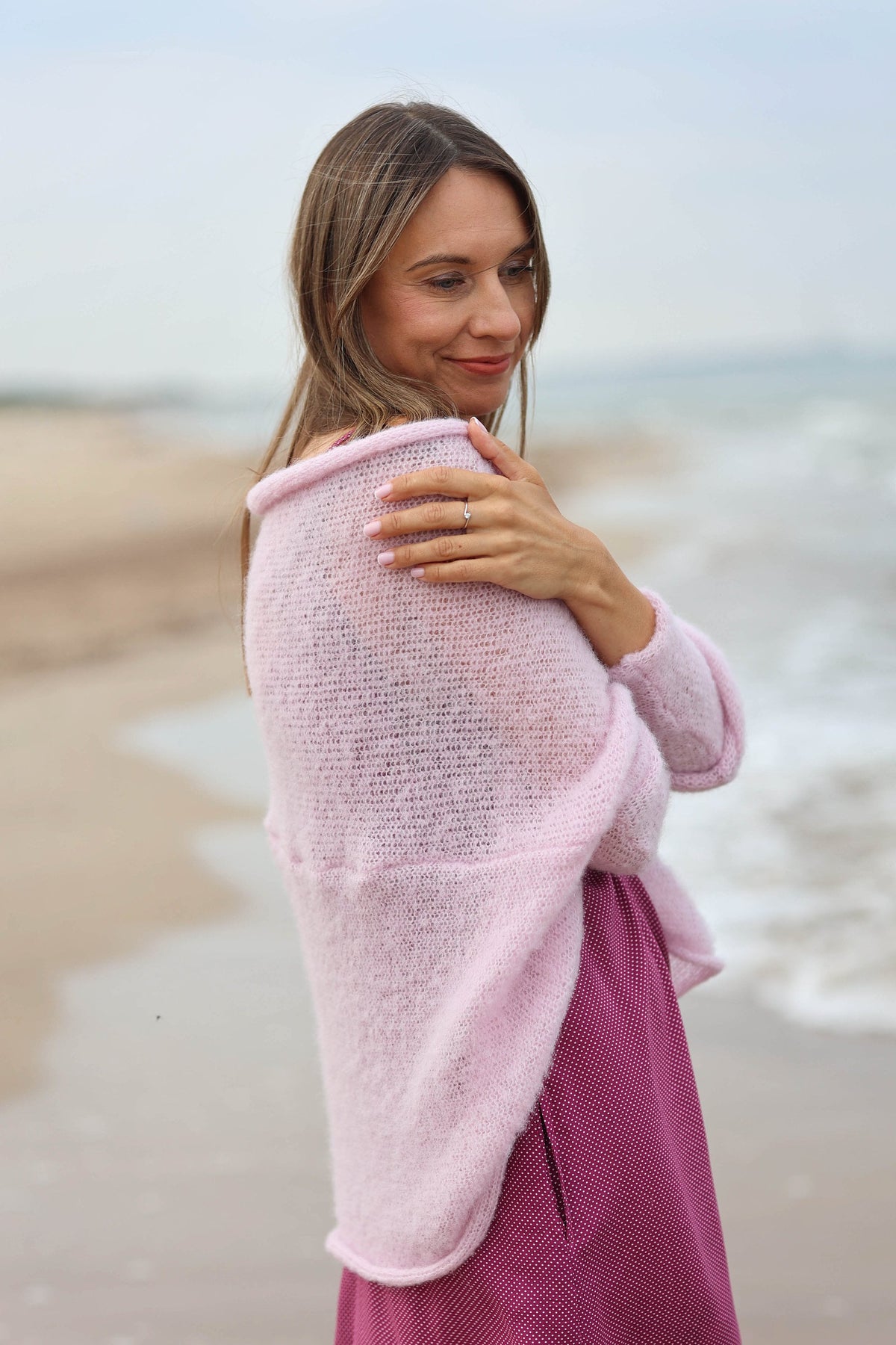 Hand Knit Alpaca Silk Cardigan: Powder Pink Oversized Sweater