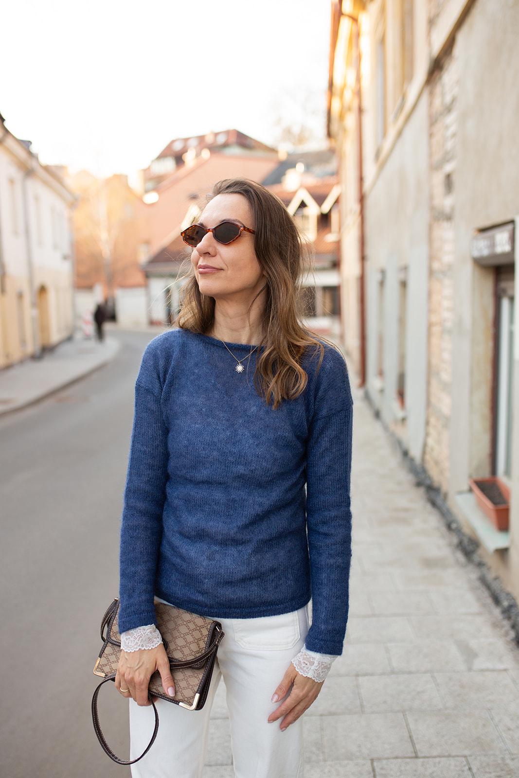 Handmade Mohair Silk Sweater for Women, Soft Blue Knit Pullover, Lightweight Luxury Mohair Jumper