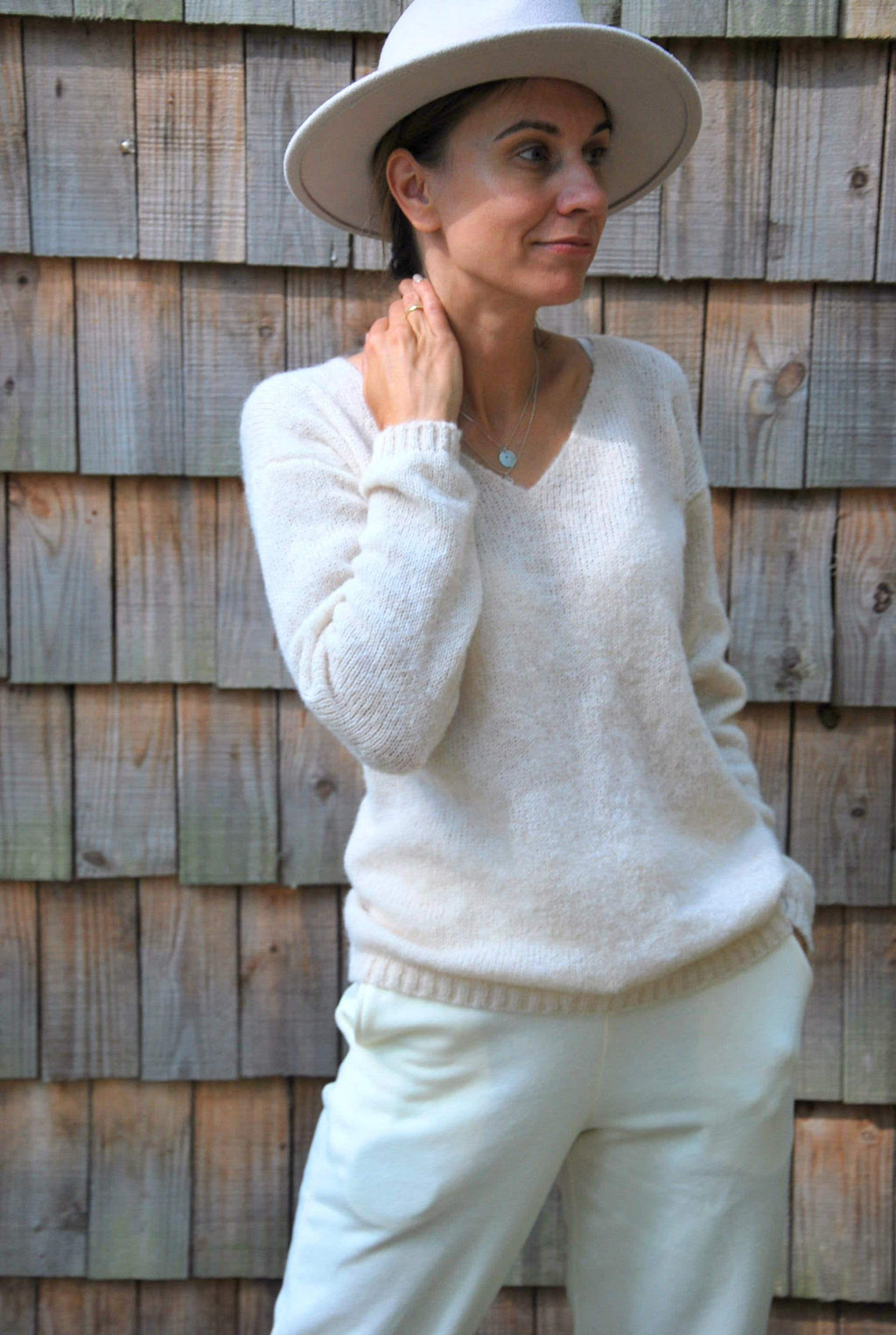 Off White Alpaca Silk Pullover: V-Neck Knit Sweater