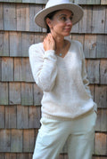 Off White Alpaca Silk Pullover: V-Neck Knit Sweater