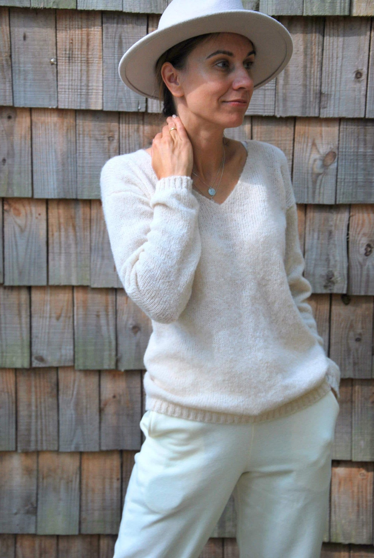 Off White Alpaca Silk Pullover: V-Neck Knit Sweater