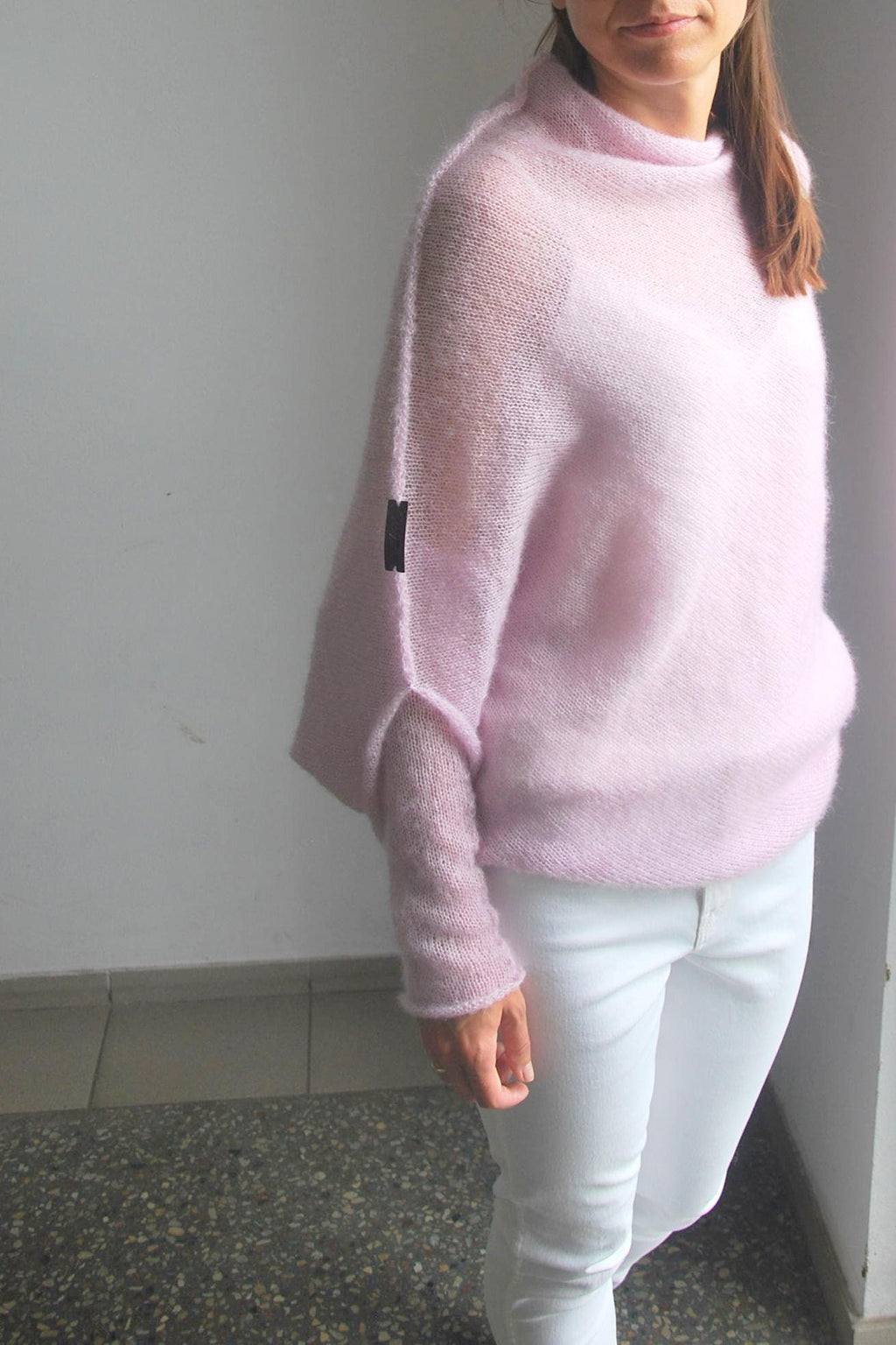Handmade Mohair Silk Poncho Sweater - Light Pink Knit Cardigan