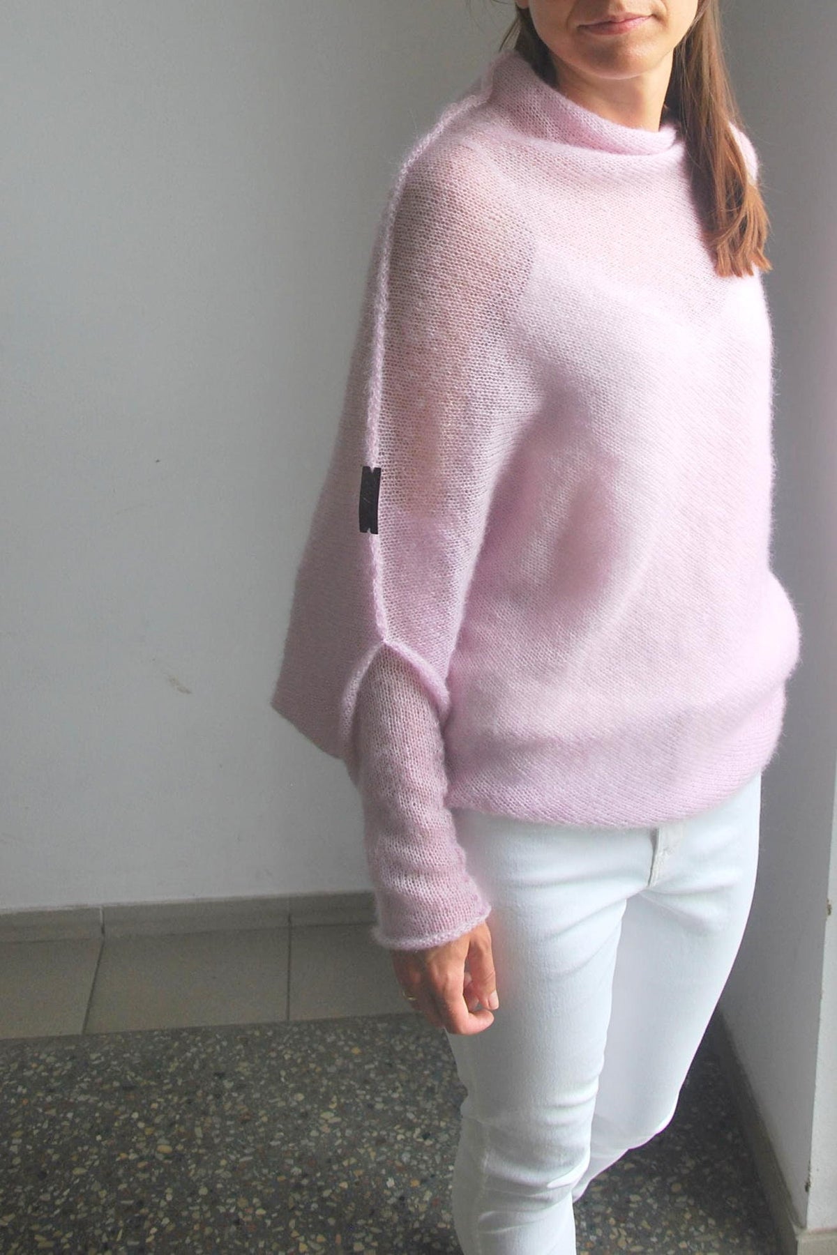 Handmade Mohair Silk Poncho Sweater - Light Pink Knit Cardigan