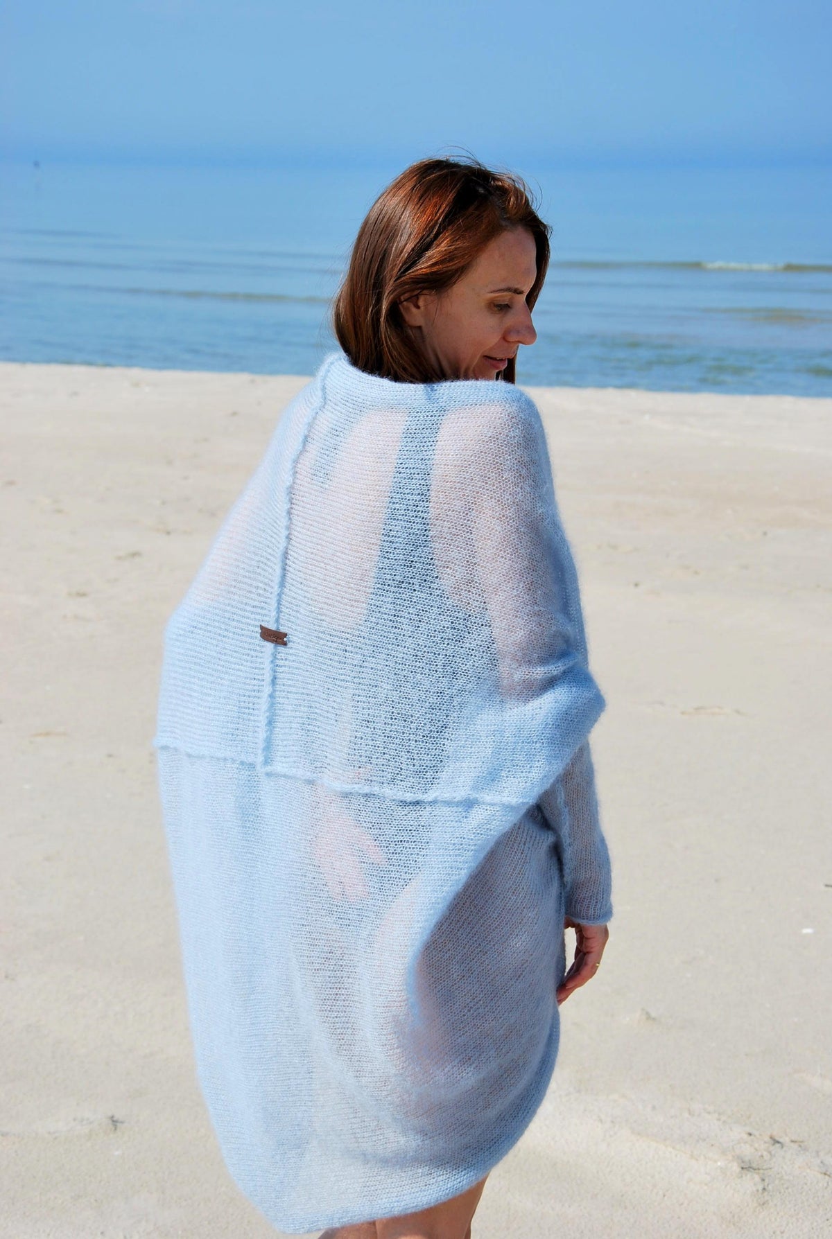 Hand Knit Mohair Cardigan: Blue Beach Sweater Wrap