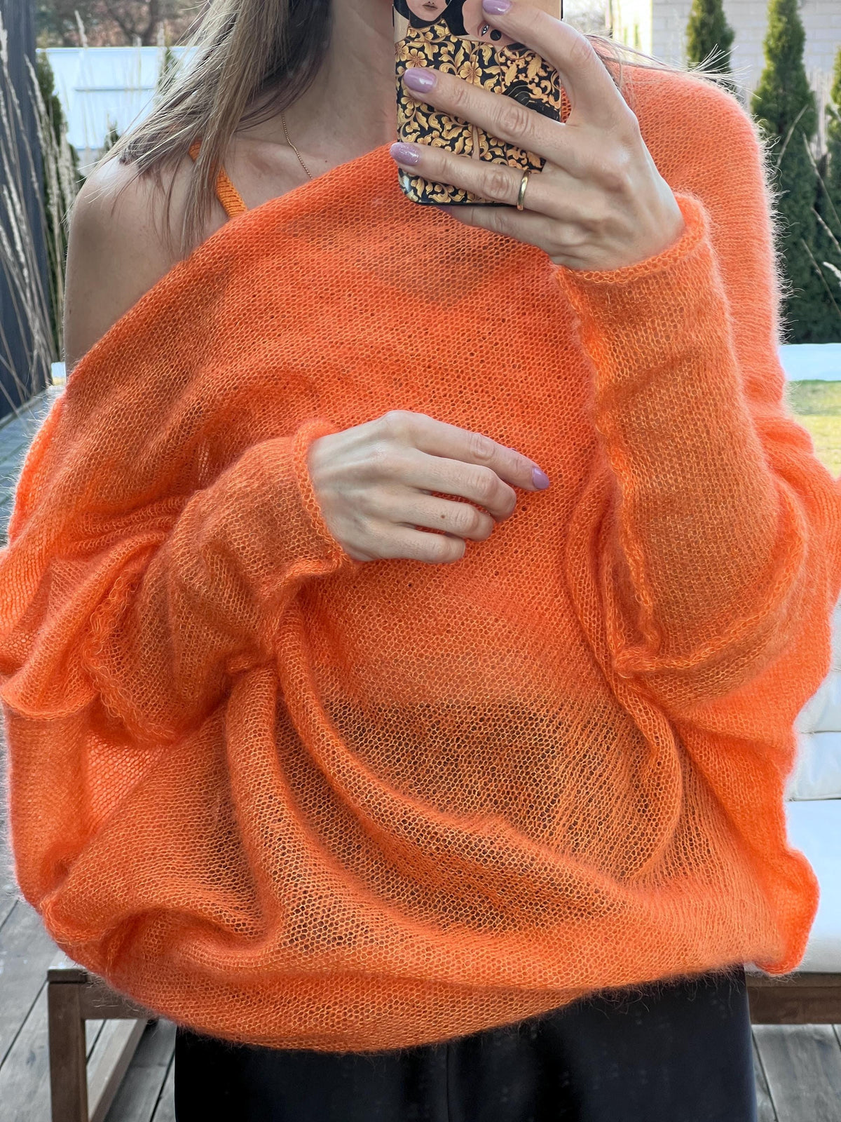 Orange Mohair Silk Sweater | Handmade Poncho Style Knit | Light and Warm