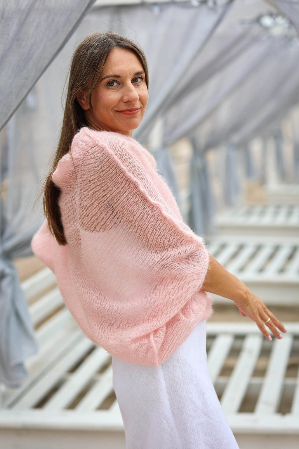 Peach Mohair Silk Sweater: Lightweight Loose Knit Poncho
