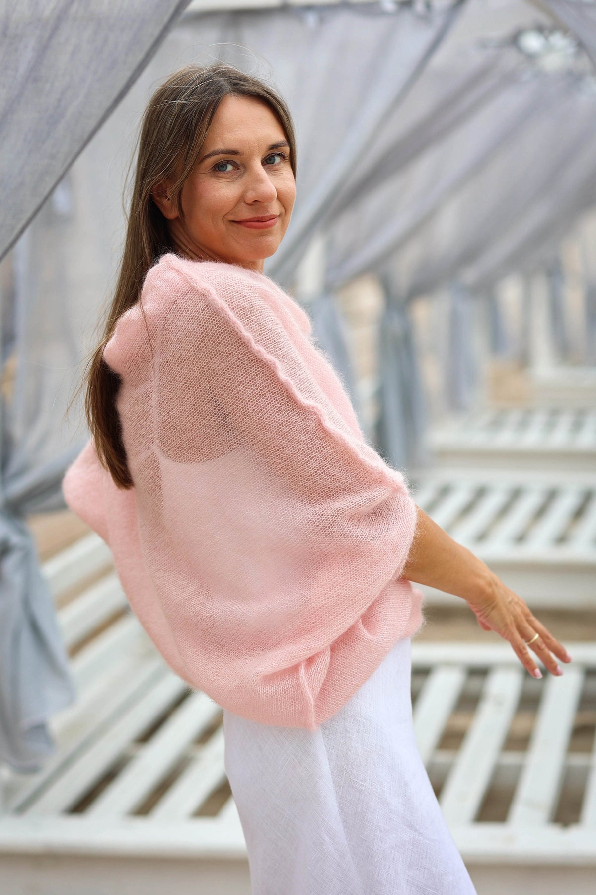Peach Mohair Silk Sweater: Lightweight Loose Knit Poncho