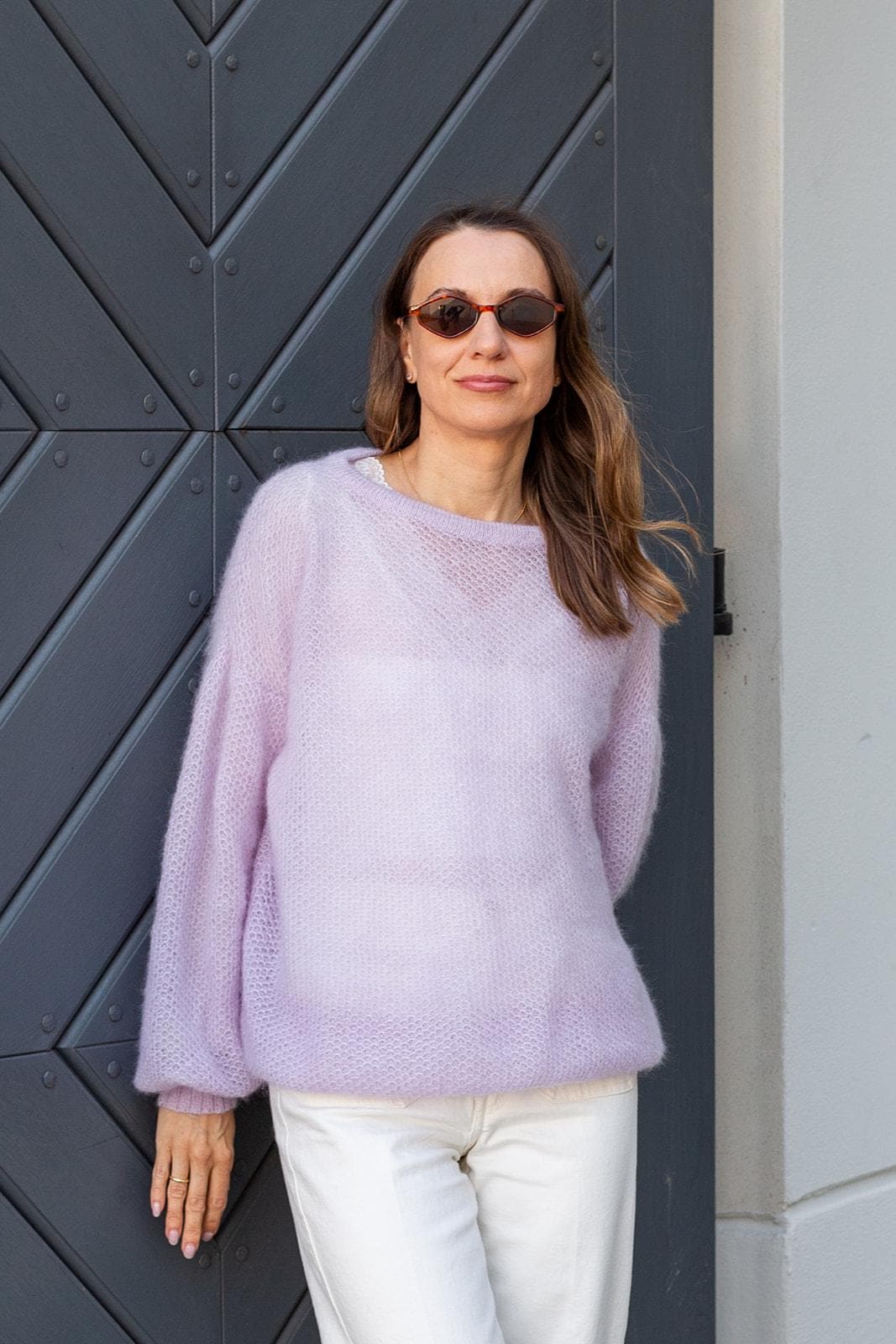 Light lavender mohair silk sweater, oversized knit pullover, honeycomb texture, soft airy jumper