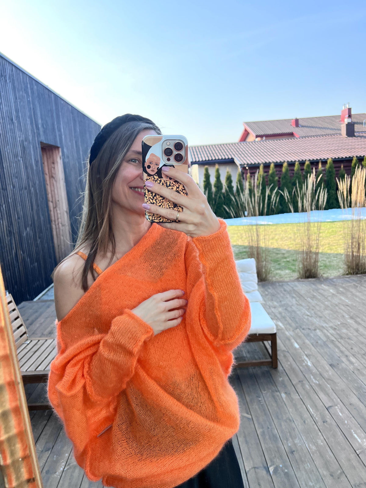 Orange Mohair Silk Sweater | Handmade Poncho Style Knit | Light and Warm