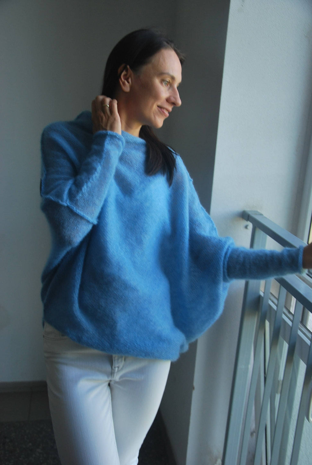 Light Blue Mohair Silk Cardigan: Soft Knit Poncho Sweater