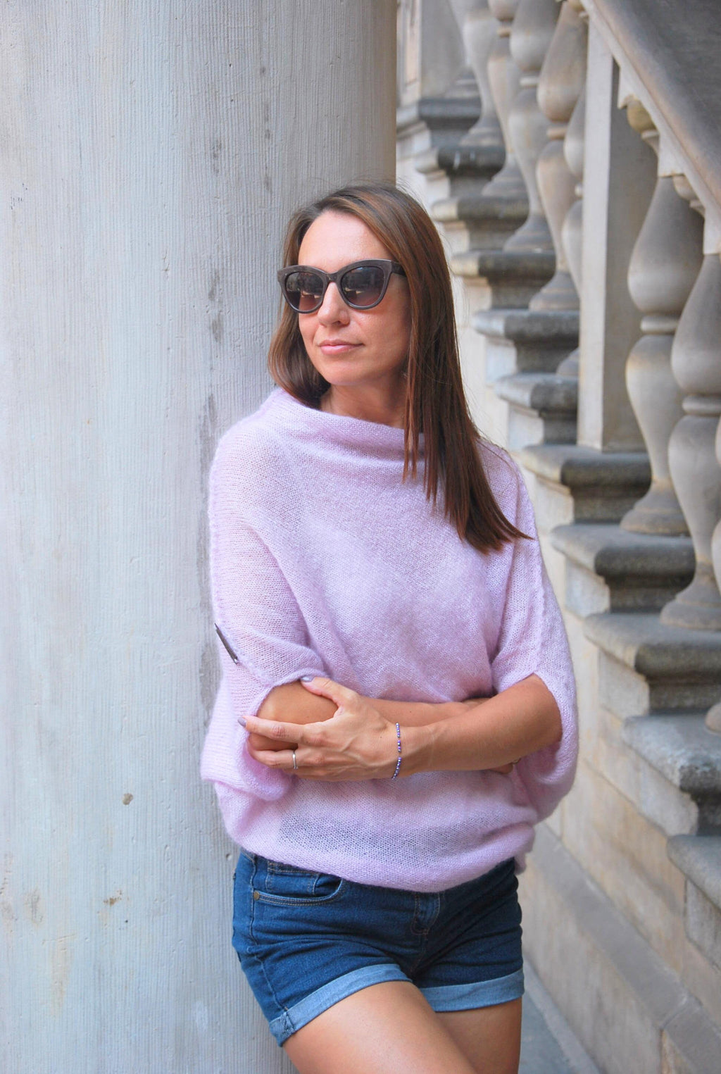 Hand Knit Mohair Silk Sweater: Light Pink Oversized Pullover
