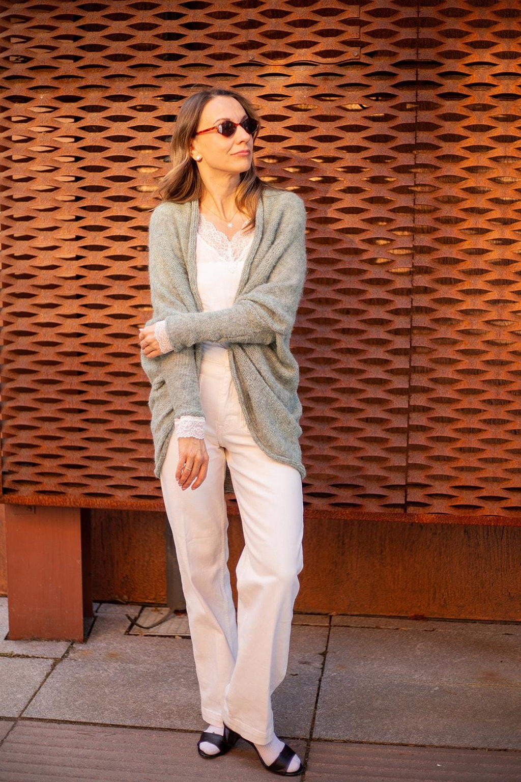 Sage green boho alpaca silk wrap cardigan, soft handmade knit sweater, cozy lightweight minimalist style