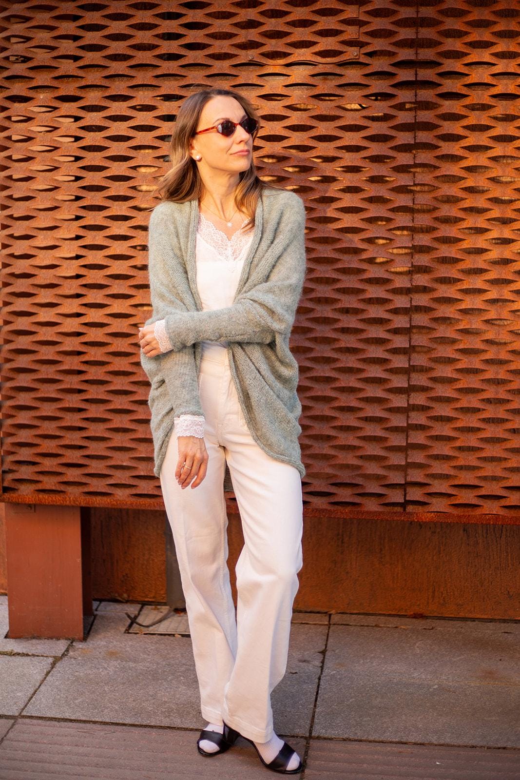 Sage green boho alpaca silk wrap cardigan, soft handmade knit sweater, cozy lightweight minimalist style