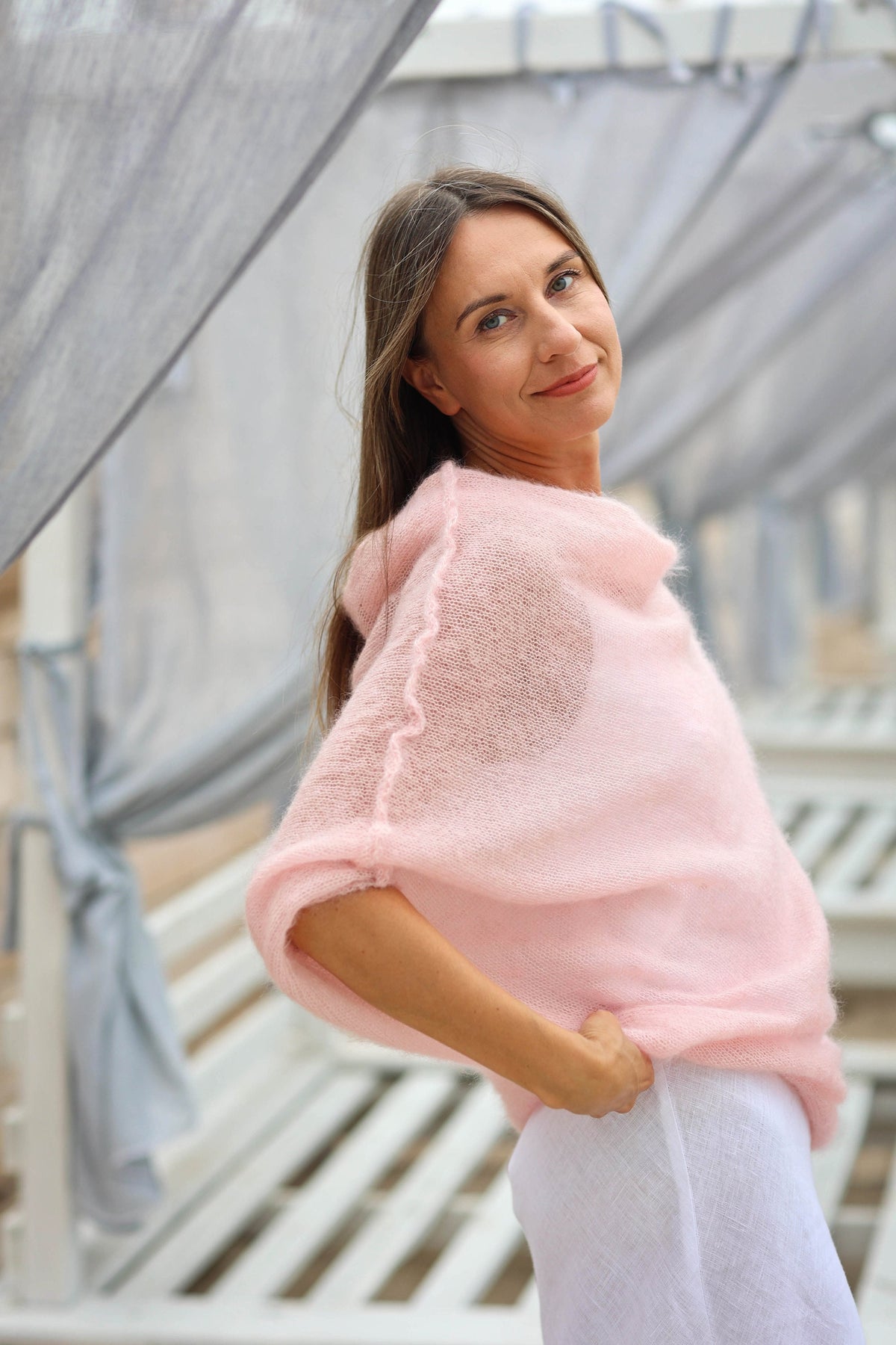 Peach Mohair Silk Sweater: Lightweight Loose Knit Poncho