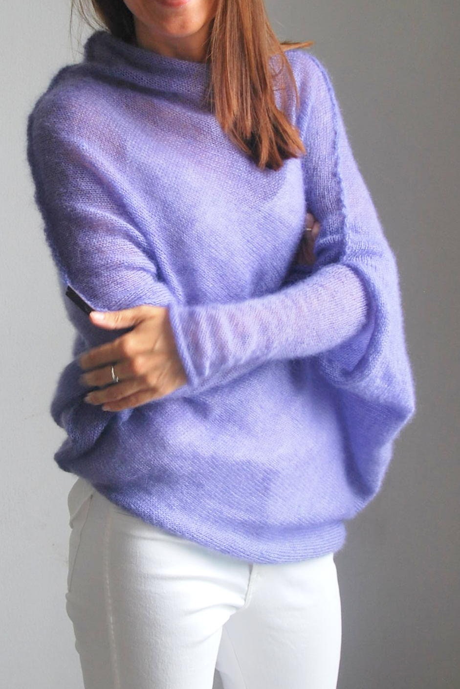 Hand Knitted Lavender Mohair Poncho: Silk Blend Cardigan