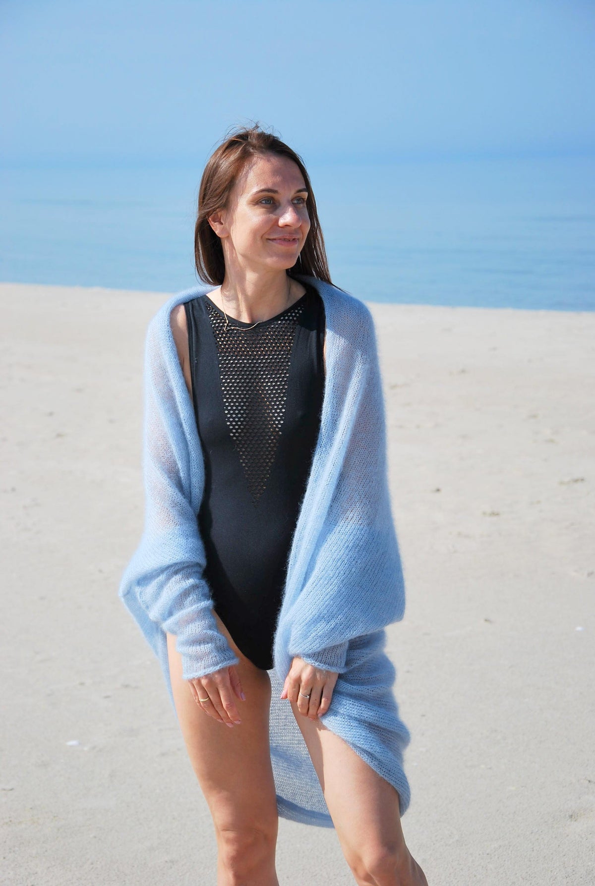 Hand Knit Mohair Cardigan: Blue Beach Sweater Wrap