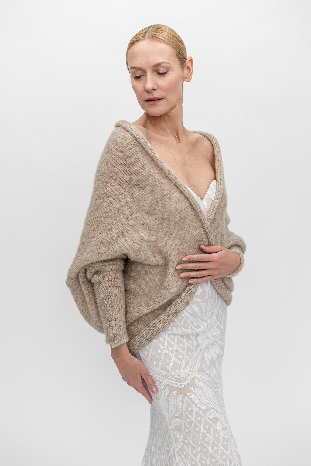 Beige Alpaca Silk Bridal Cardigan: Soft Knit Wedding Shrug