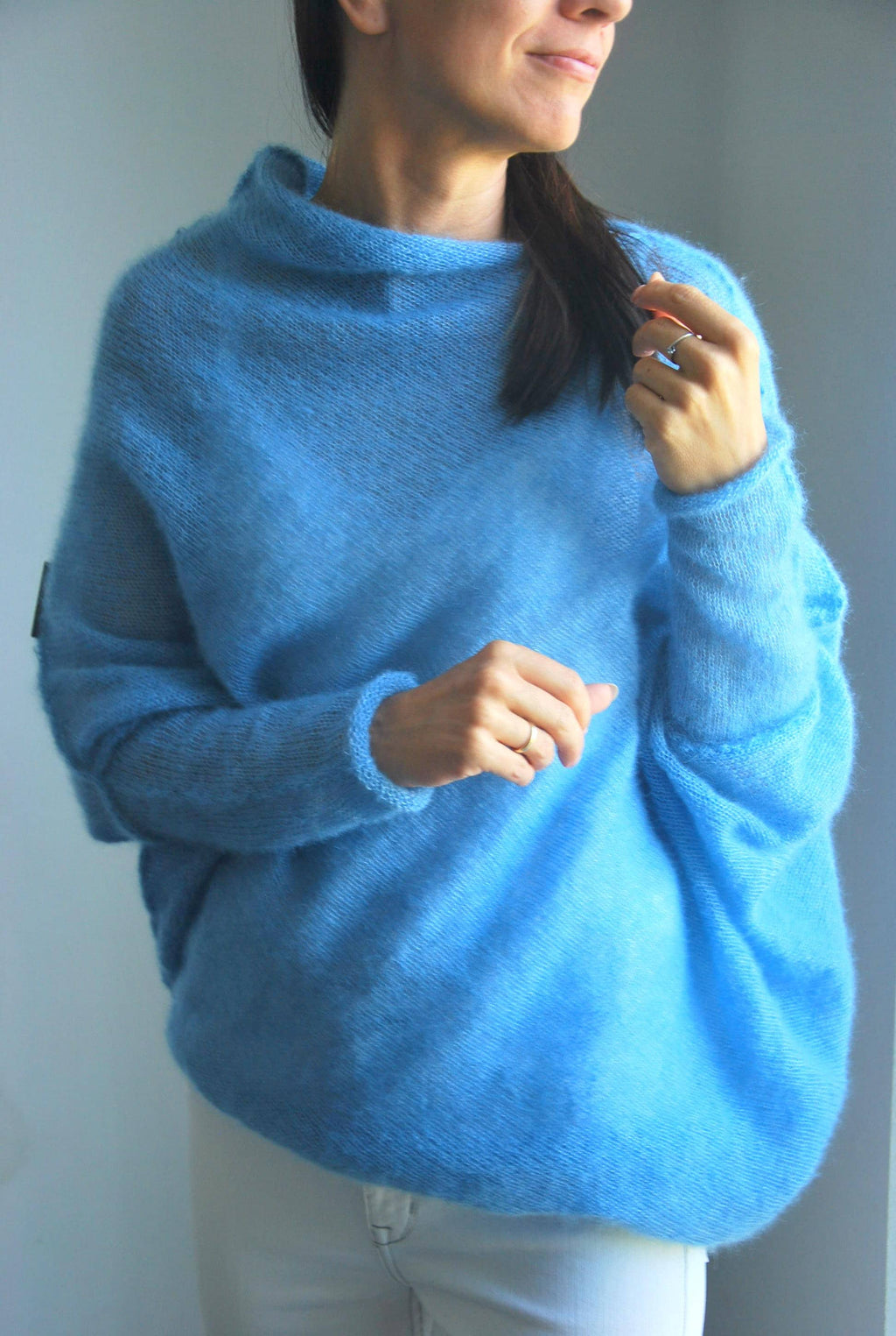 Light Blue Mohair Silk Cardigan: Soft Knit Poncho Sweater