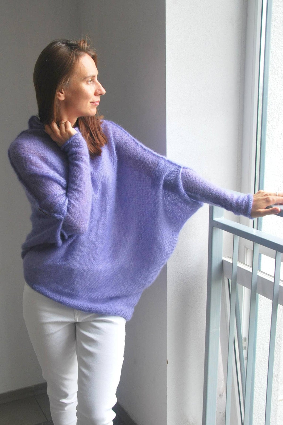 Hand Knitted Lavender Mohair Poncho: Silk Blend Cardigan