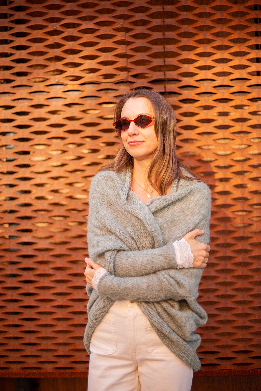 Sage green boho alpaca silk wrap cardigan, soft handmade knit sweater, cozy lightweight minimalist style