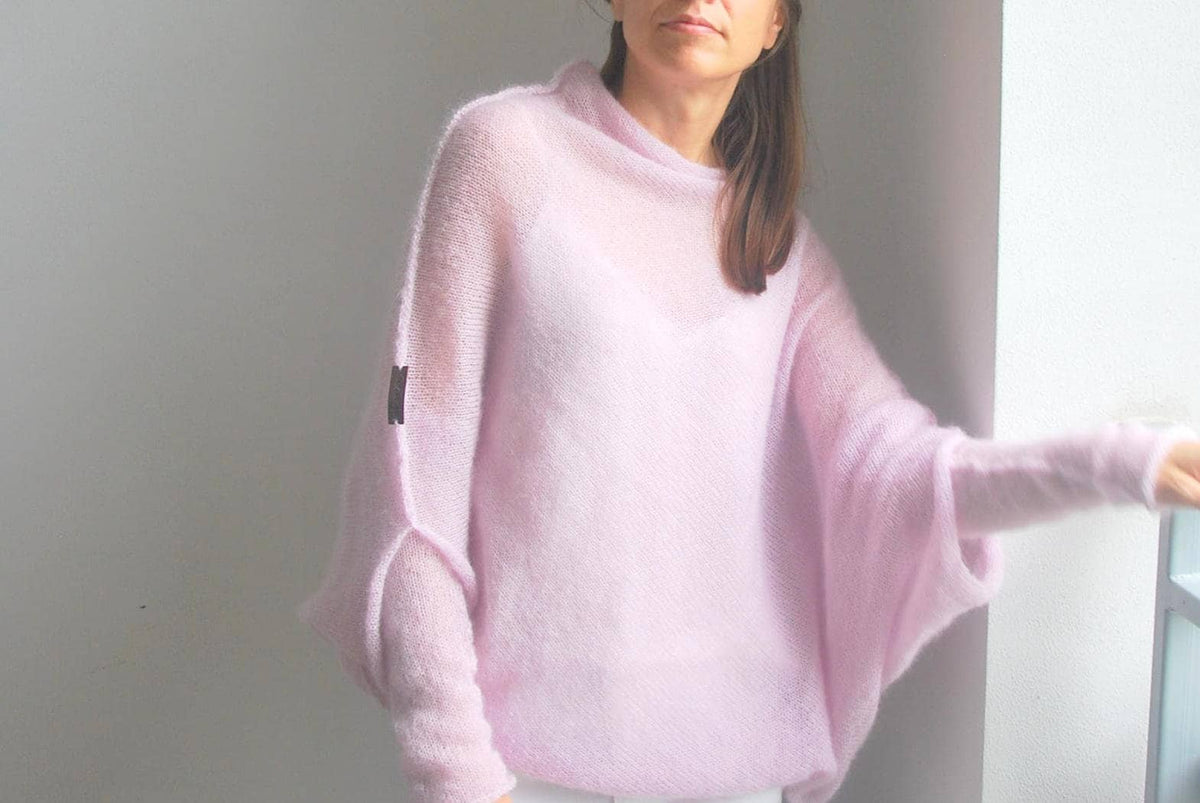 Handmade Mohair Silk Poncho Sweater - Light Pink Knit Cardigan