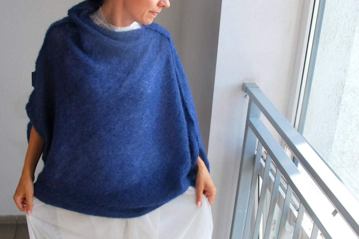 Navy Blue Mohair Silk Poncho: Bridal Cocoon Pullover