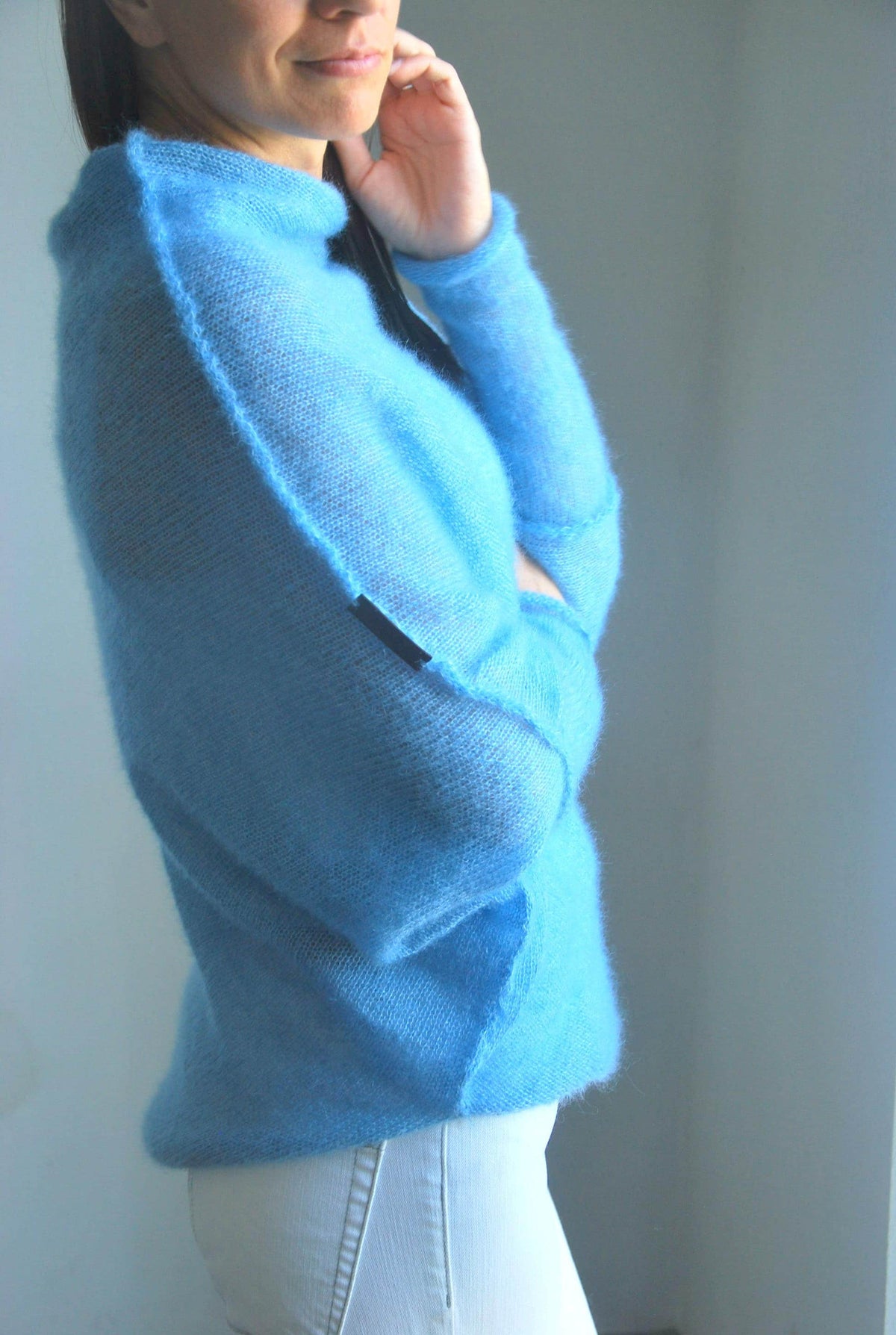 Light Blue Mohair Silk Cardigan: Soft Knit Poncho Sweater